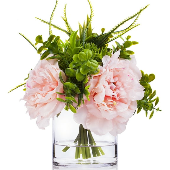 Enova Home Artificial 3 Large Silk Peony Flowers with Mixed Greenery Arrangement in Clear Glass Vase (Pink)