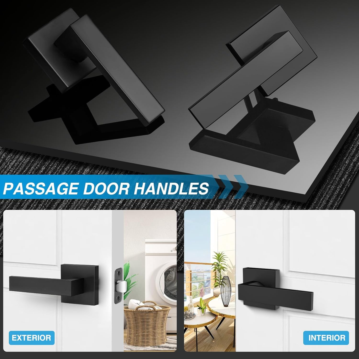 2 Pack Matte Black Door Handles, Passage Door Levers for Hallway & Closet, Interior Keyless Door Knobs Heavy Duty Square Non-Locking Handlesets(2.0lb), Reversible for Left & Right Sided Doors