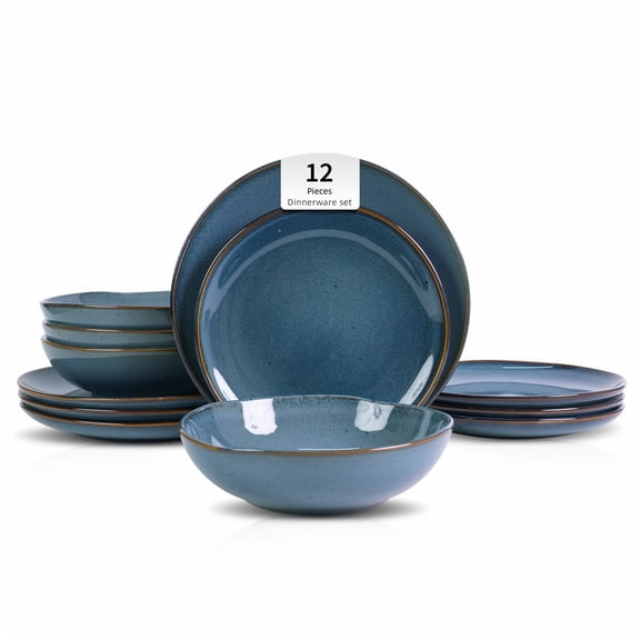 Highland 12-Piece Dinnerware Set Service for 4, Organic Shape Stoneware Plates and Bowls Set, Scratch Resistant, Microwave and Dishwasher Safe, Speckled Effect Handcrafted, Blue