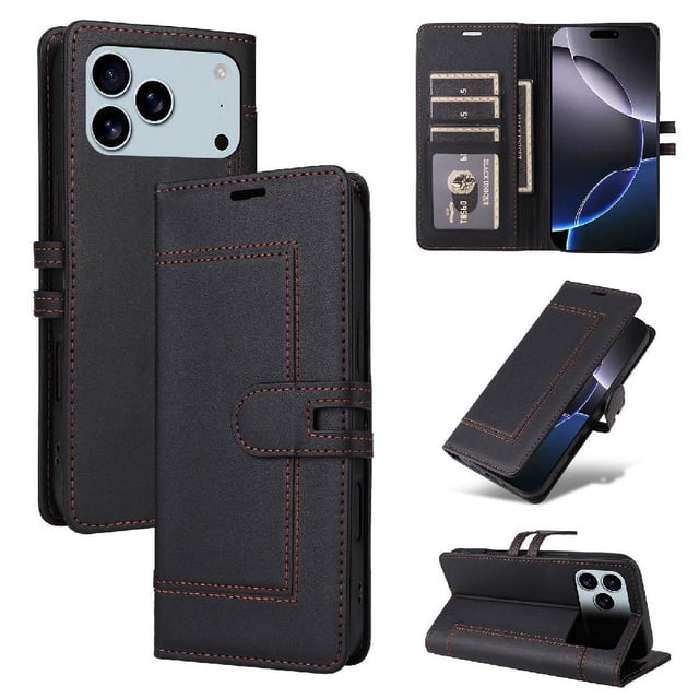Premium Wallet Case for iPhone 17 Pro Max with Card Slots & Kickstand, Flip Cover Black