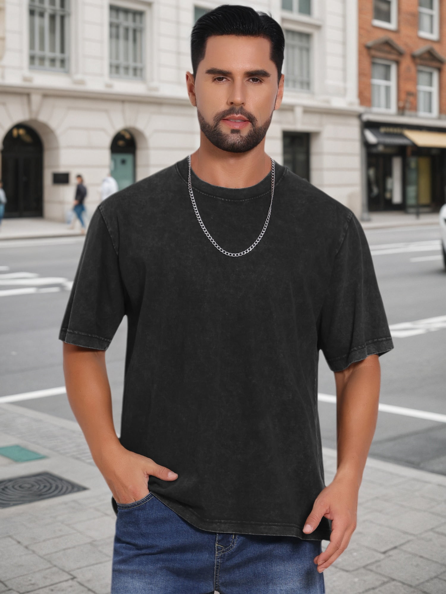 DARING DIVA Men's Retro Distressed Crew Neck Short Sleeve Solid T-Shirt L Black
