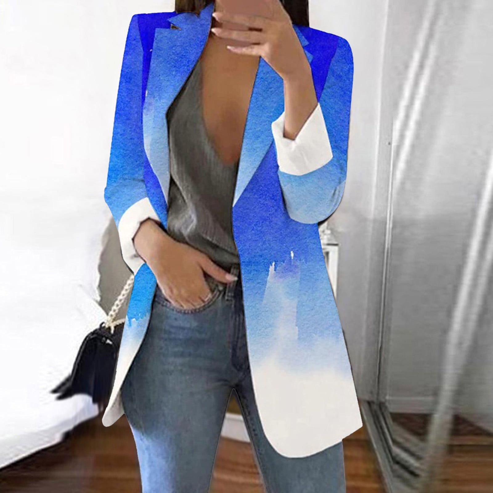Women Casual Blazer V Neck Leisure Jacket Mid Length Outwear