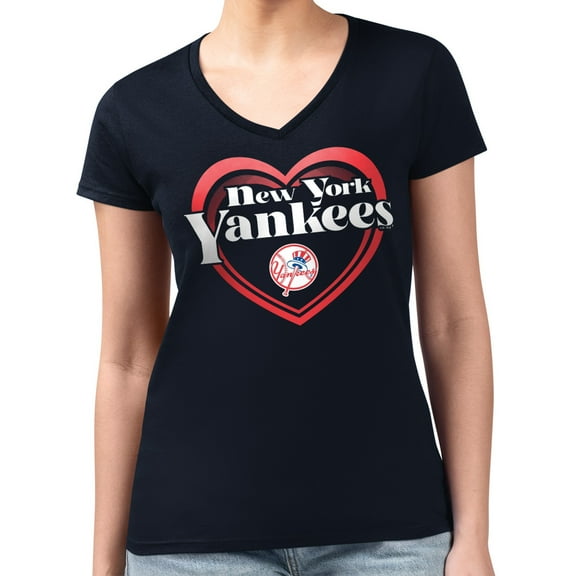 Women's G-III 4Her by Carl Banks Navy New York Yankees Double Heart Fitted V-Neck T-Shirt
