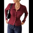 thumbnail image 3 of Cárdigan de Punto Acanalado con Botones y Larga para Mujer, Suéter Informal Ajustado con Cuello. Rojo Oscuro S, 3 of 9