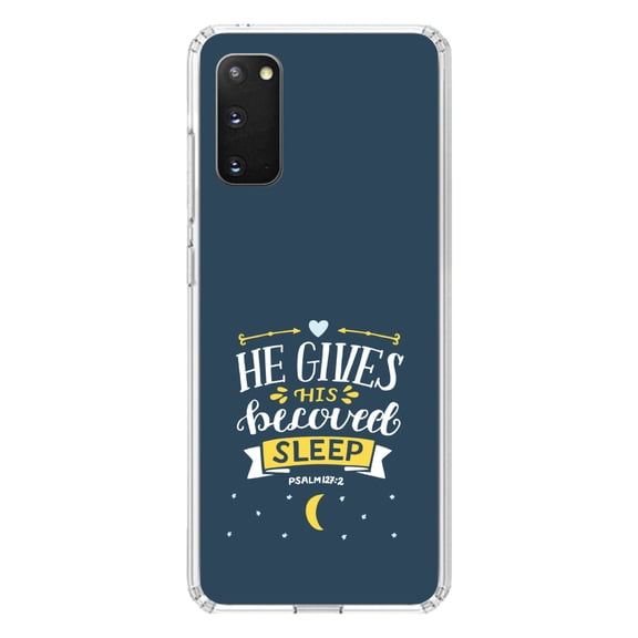 DistinctInk Clear Shockproof Hybrid Case for Galaxy S20 / S20 5G (6.2" Screen) - TPU Bumper, Acrylic Back, Tempered Glass Screen Protector - Psalm 127:2 - He Gives His Beloved Sleep