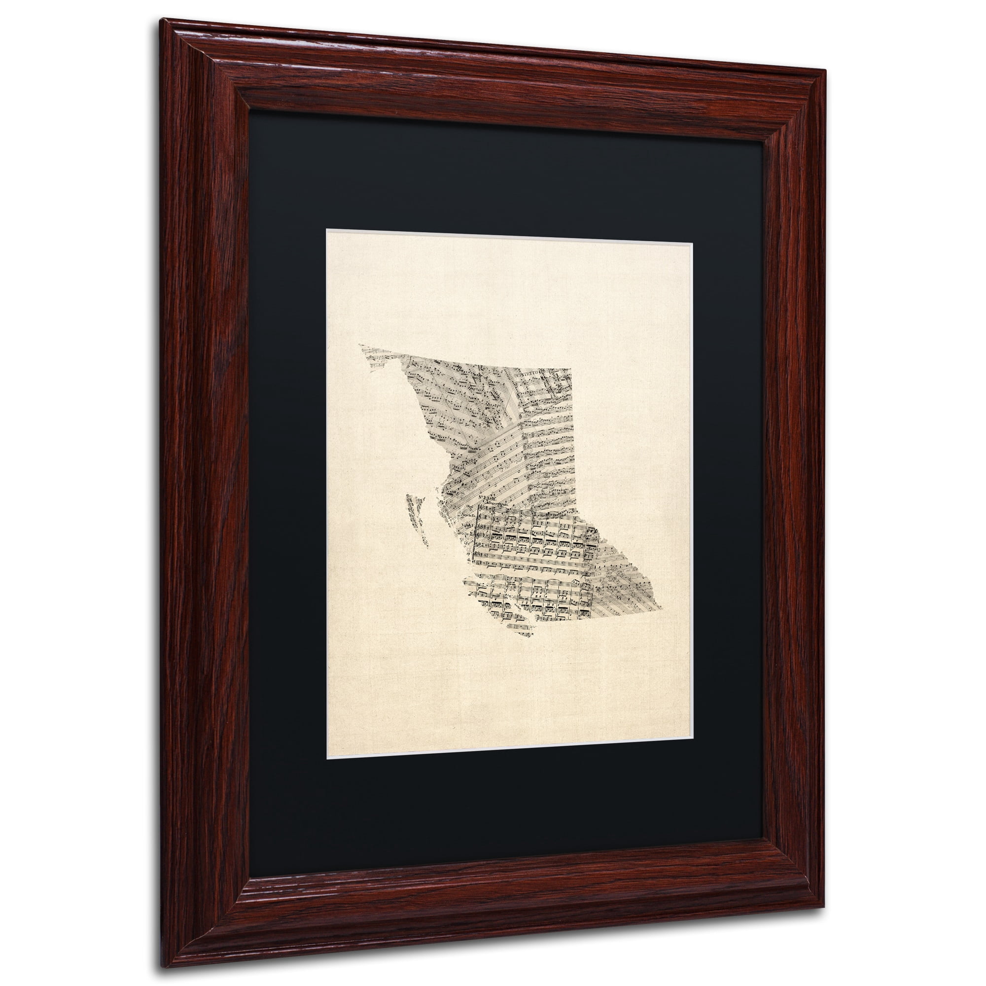 Trademark Fine Art "Sheet Music Map British Columbia" Canvas Art by Michael Tompsett Black Matte, Wood Frame