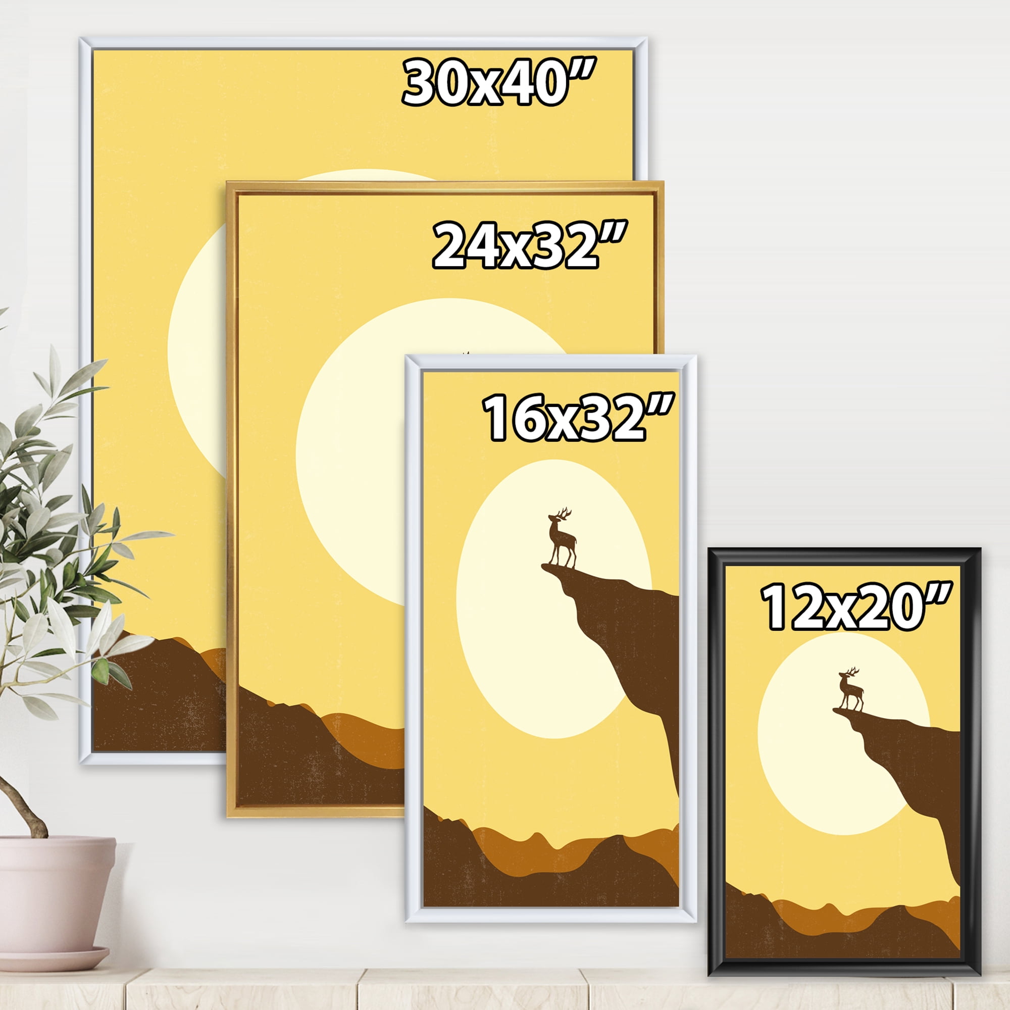 Designart 'Minimalistic Deer At Sunset On Mountain Top' Lake House Framed Canvas Wall Art Print