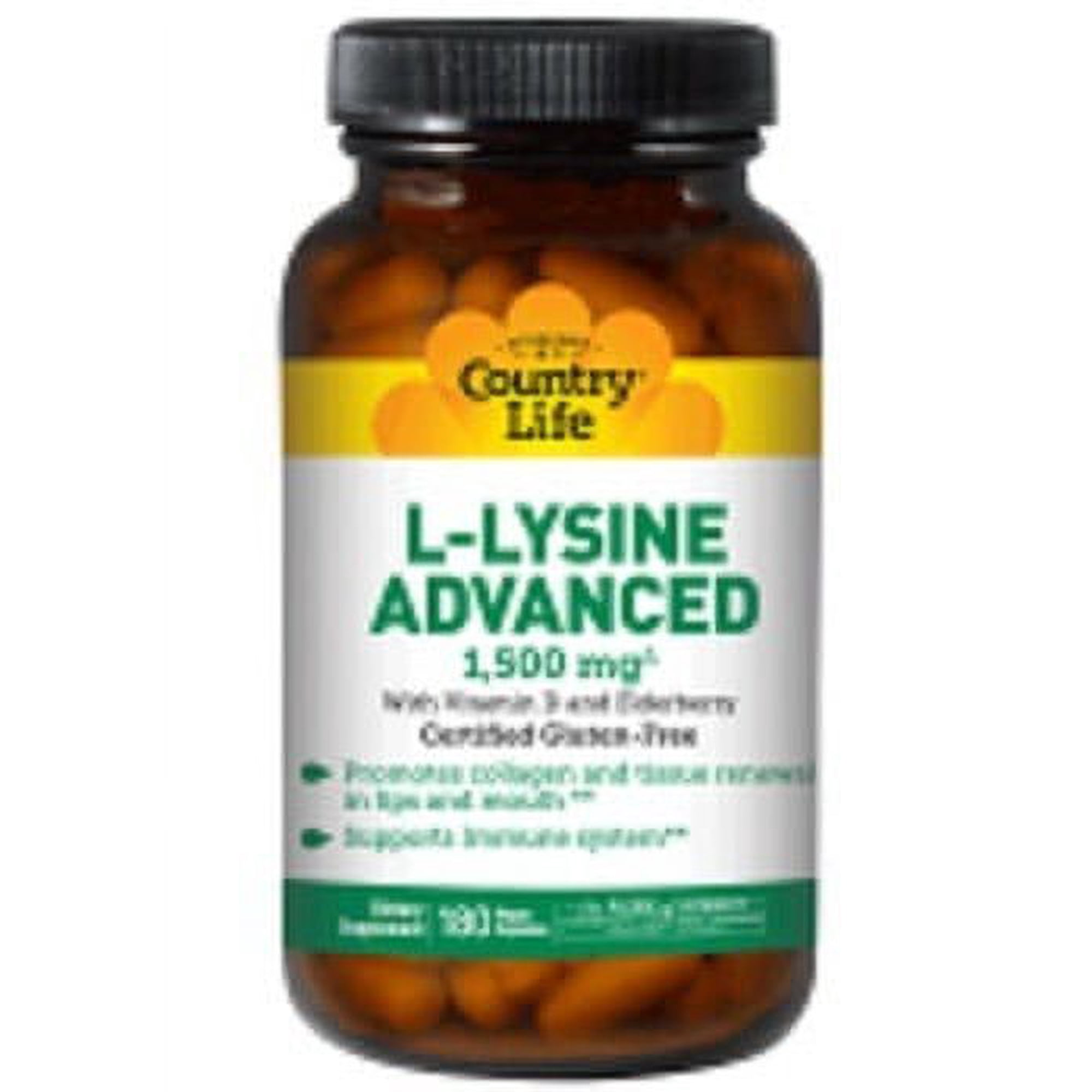 Country Life L-Lysine 1500mg Capsules with Vitamin D & Elderberry, Advanced Immune Support and Collagen Renewal, Certified Gluten-Free & Vegan, 180 Capsules