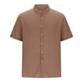 thumbnail image 3 of Lovskoo Shirts for Men Round Neck Short Sleeve Casual Solid Color Round Collar Button Closure Shirt Hawaii Blouse Vacation Beach Summer Tops Khaki, 3 of 6