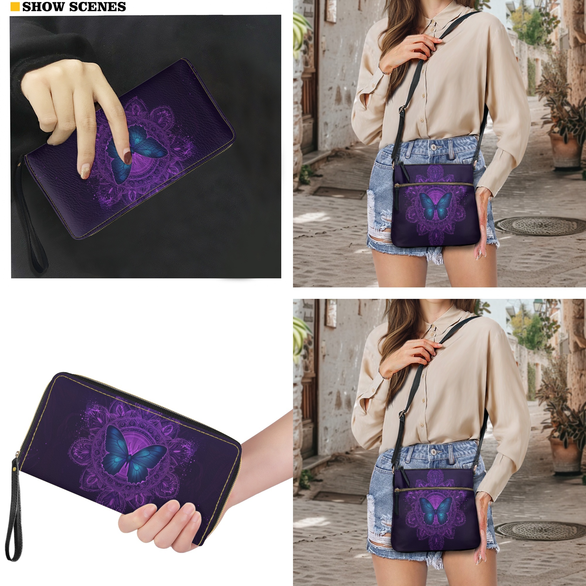 ZUXONGSY Boho Mandala Butterfly Print Women's PU Leather Crossbody Satchel & Wallet Set, Spacious Hobo Purse with Adjustable Strap for Work & Travel