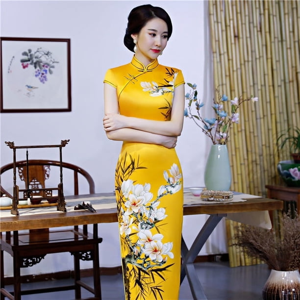 Vestido cheongsam de pasarela largo estilo chino elegante de doble capa para mamá joven retro