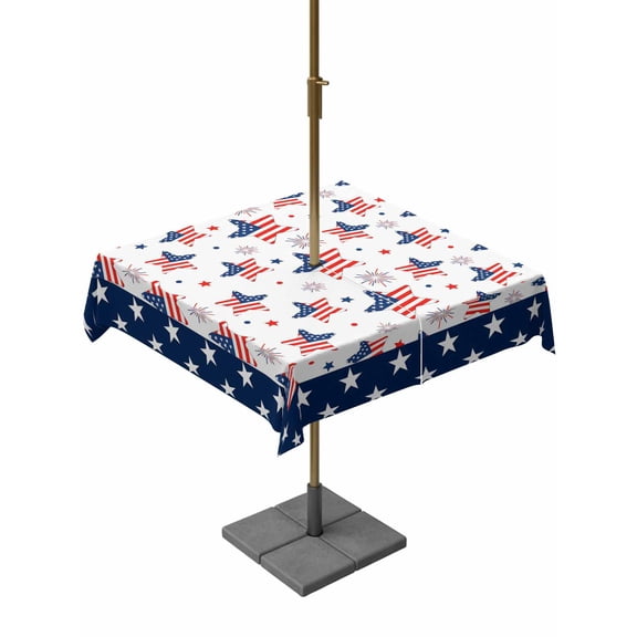Outdoor Tablecloth with Umbrella Hole, Independence Day Patriotic Stars Zippered Table Cloth for Rectangle Tables, Red Blue Freedom Celebration Washable Waterproof Tablecloths for Picnic Patio Garden