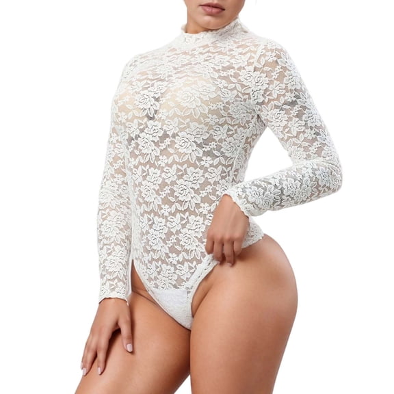 Plus Size Jumpsuit Women Sexy Lace Bodysuit Long Sleeve V Neck Elegant Lace Hollow Out Design Casual Tops For Daily Wear Spring Summer Fall