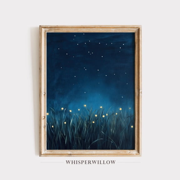 Fireflies in the Grass at Night, ABLE, Dark Blue Starry Sky, Lightning Bugs Art, Magical Nature Evening Wall Decor Unframed Paper Print