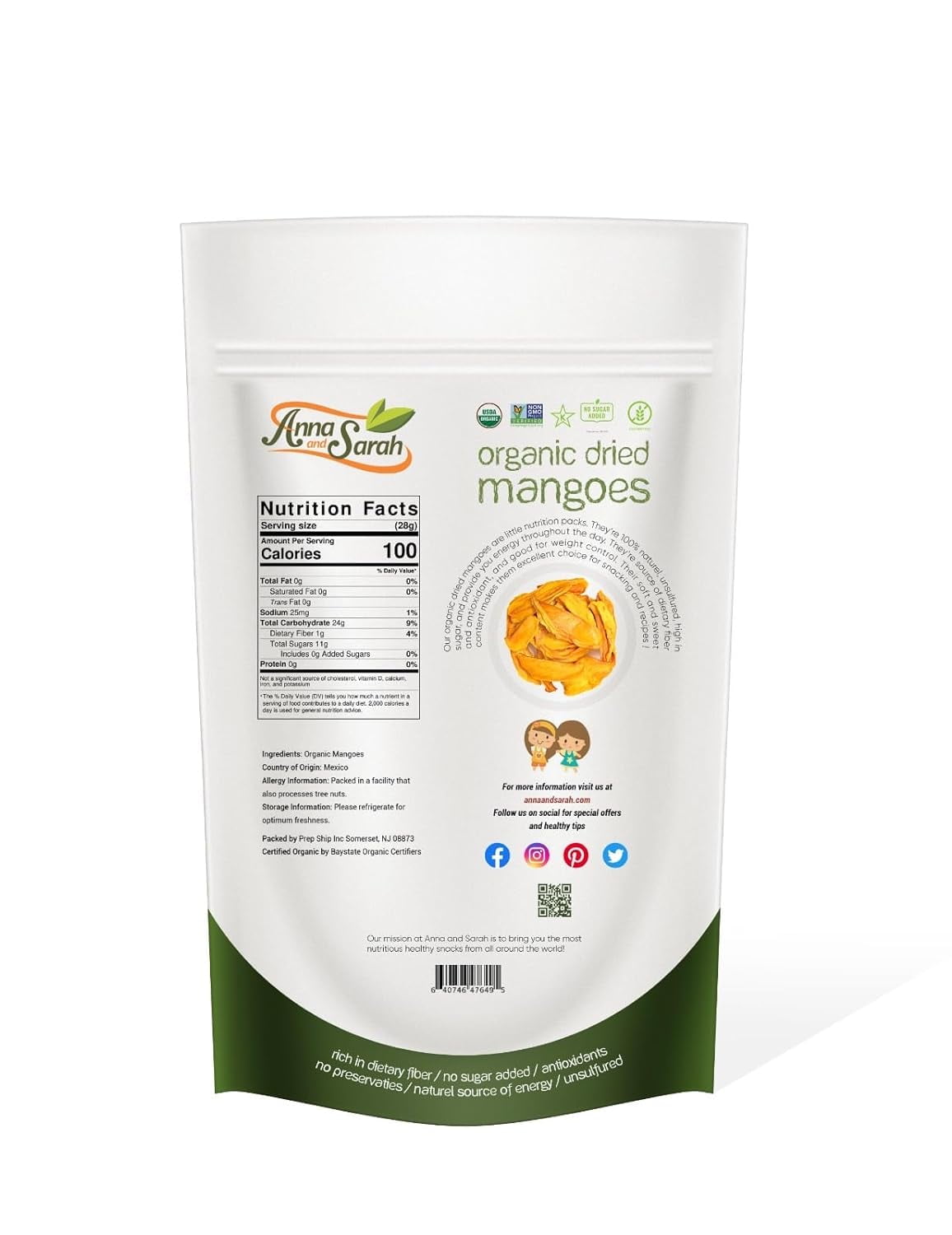 Anna and Sarah Organic Dried Mango, No Sugar Added Natural Snacks, 2 Lbs