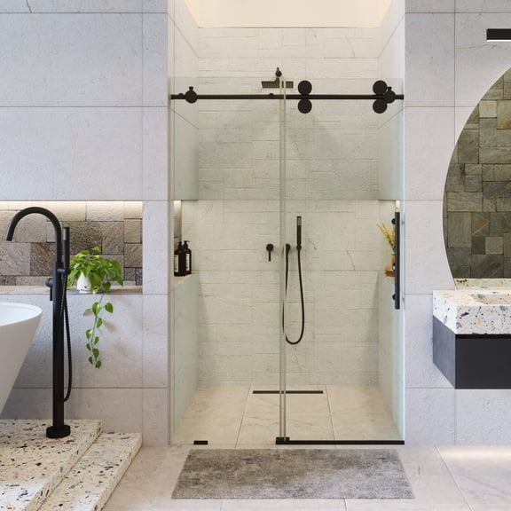 Fine Fixtures Frameless Shower Glass Door - Sliding Shower Door With Tempered Glass 48" W x 75" D in Black Finish