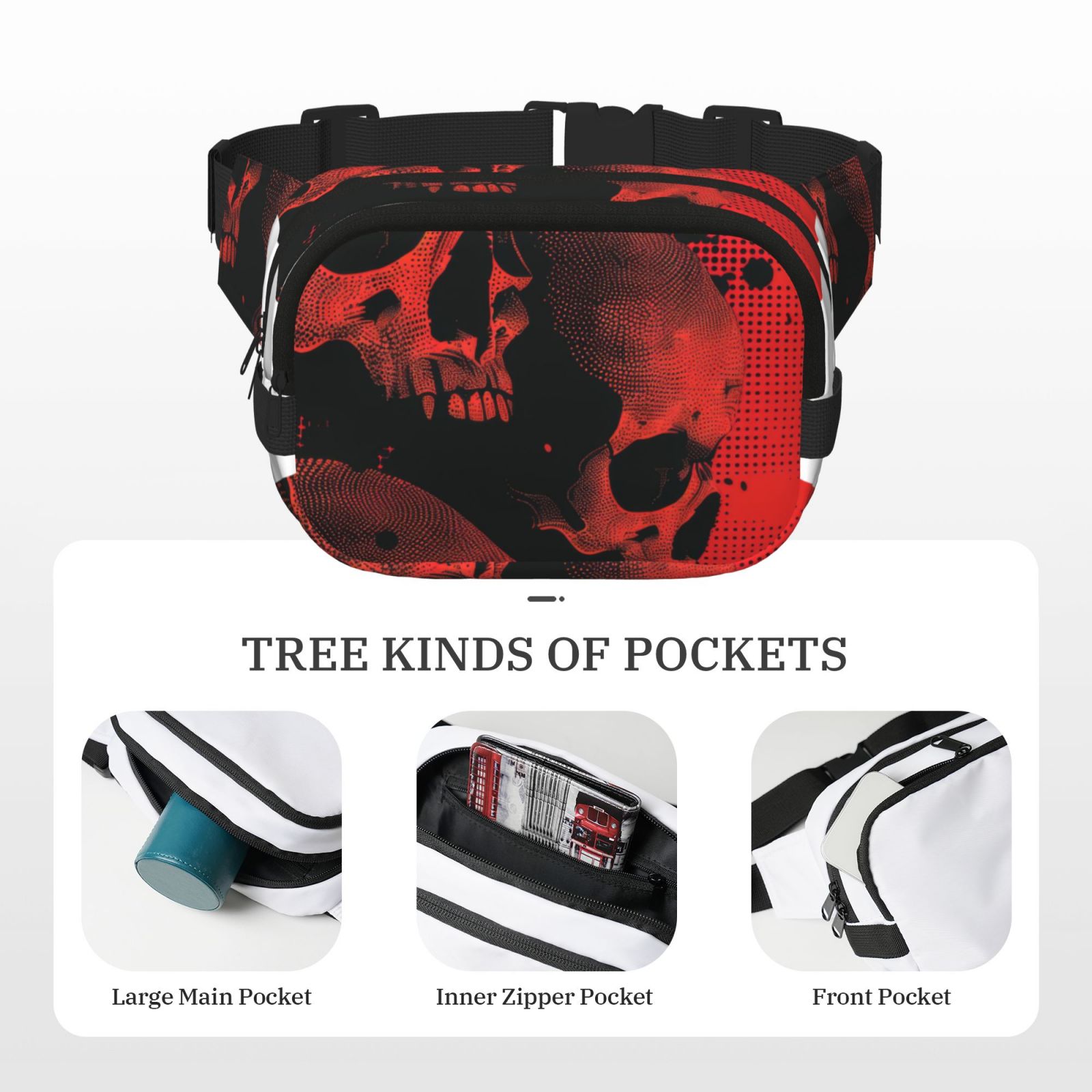 Kuqiui Red And Black Abstract Skull Print Fanny Packs for Women Cross Body Waist Bag Fashionable Fanny Pack Designer Workout Hiking Waist Pack Running Travel Gym