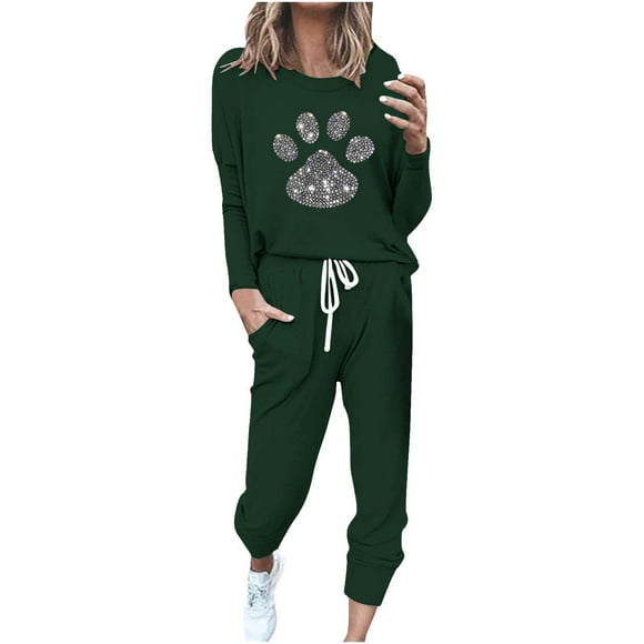 Pisexur Two Piece Sets for Women Funny Paw Print Crewneck Sweatshirts Elastic Waist Jogger Pants Track Suits for Women Set Casual Fall Workout Travel Vacation Outfits S-5XL