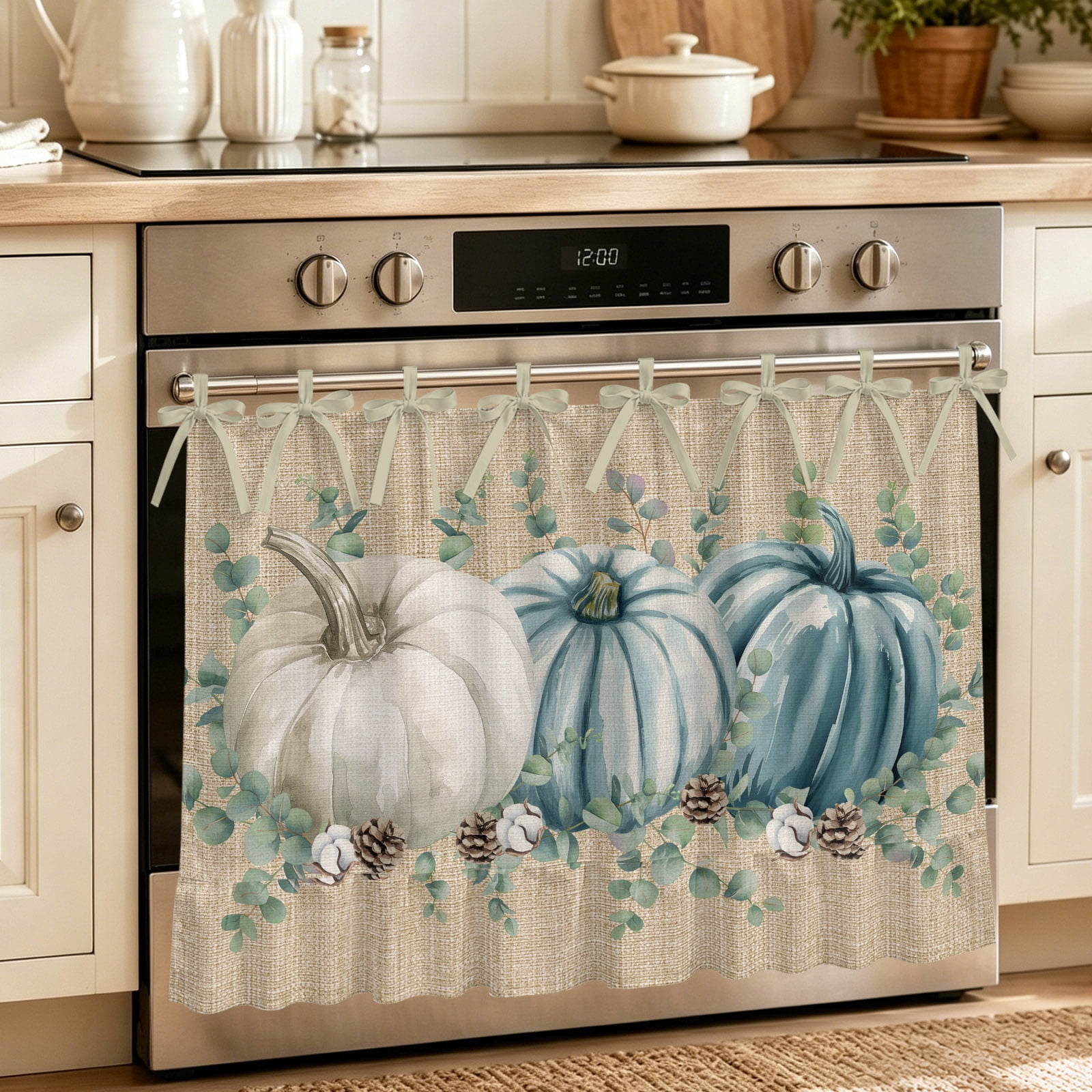 Oven Curtain for Kitchen Thanksgiving Pumpkin Retro Linen Stove Curtain With Ruffled Trim Dishwasher Curtains Rustic Eucalyptus Pinecone Oven Skirt 30 x21.5