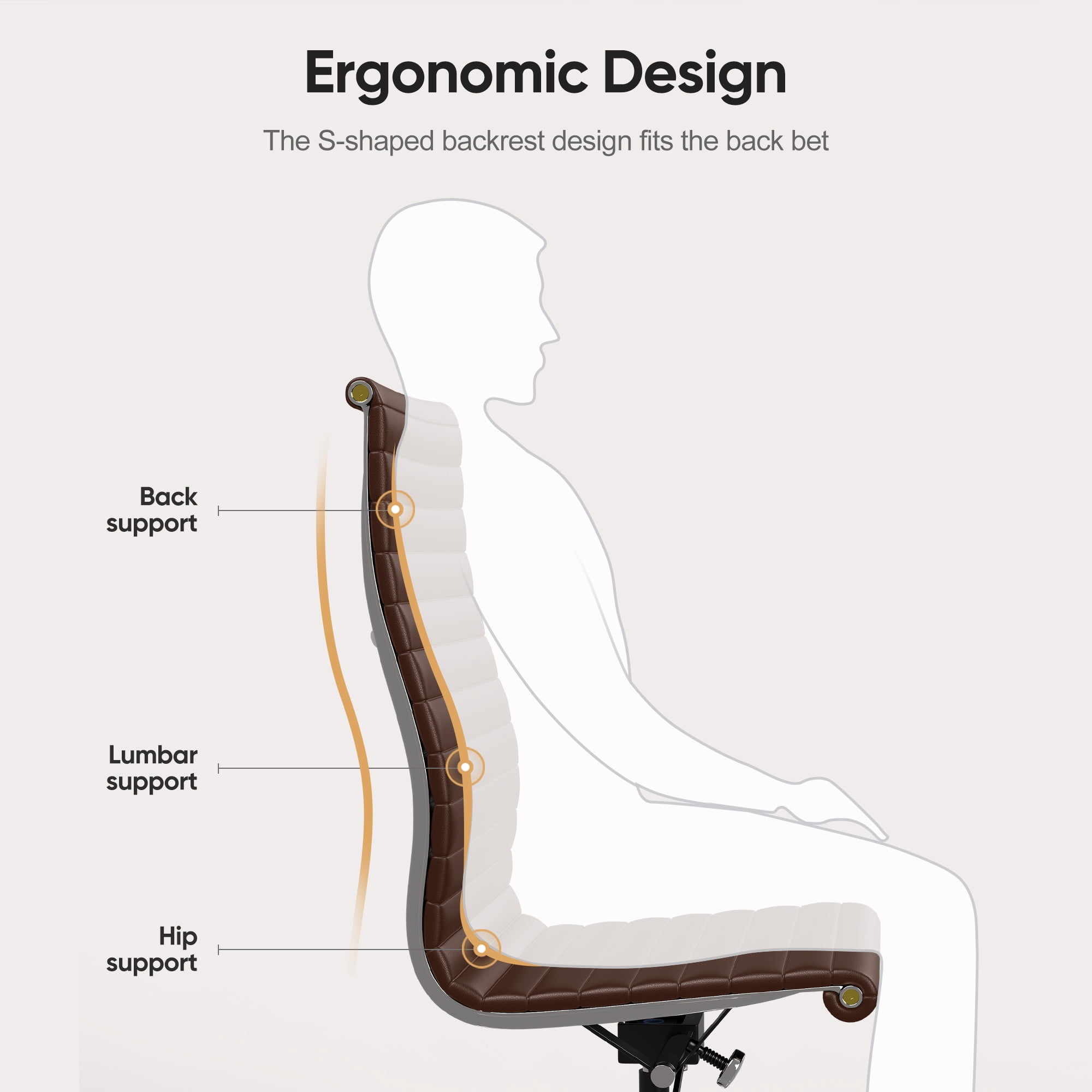 Cottinch Ribbed Office Chair High Back Armless Genuine Leather Ergonomic Desk Chair, Adjustable Height Executive Conference Task Chair Swivel Chair for Home Office, Brown