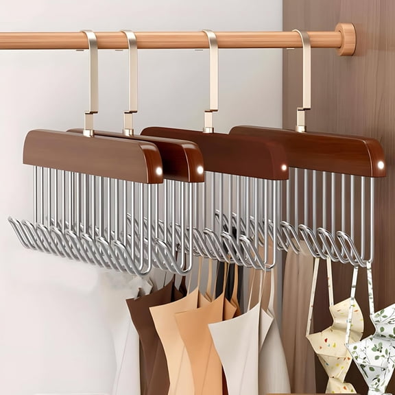 Bohorizon Belt Hanger for Closet, Wooden Tie Rack Hangers for Men with 8 Hooks, Tie Holder Organizer for Ties, Belts, Bras, 10.8"X7.0", Pack of 4, Brown
