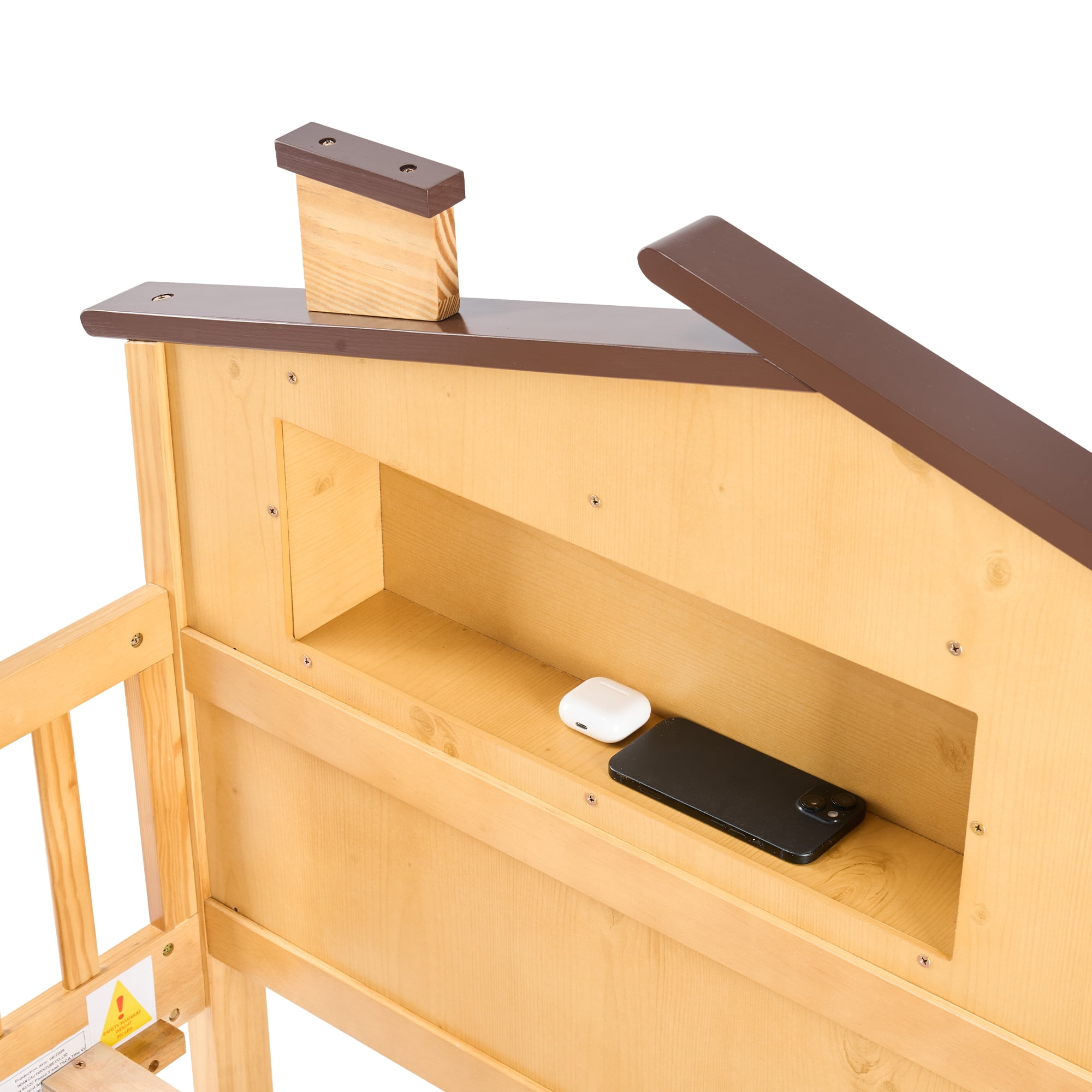Twin Size Bed Frame with Storage- Twin Bed Frame with Solid Wood House Headboard & Safety Guardrails, No Box Spring Needed