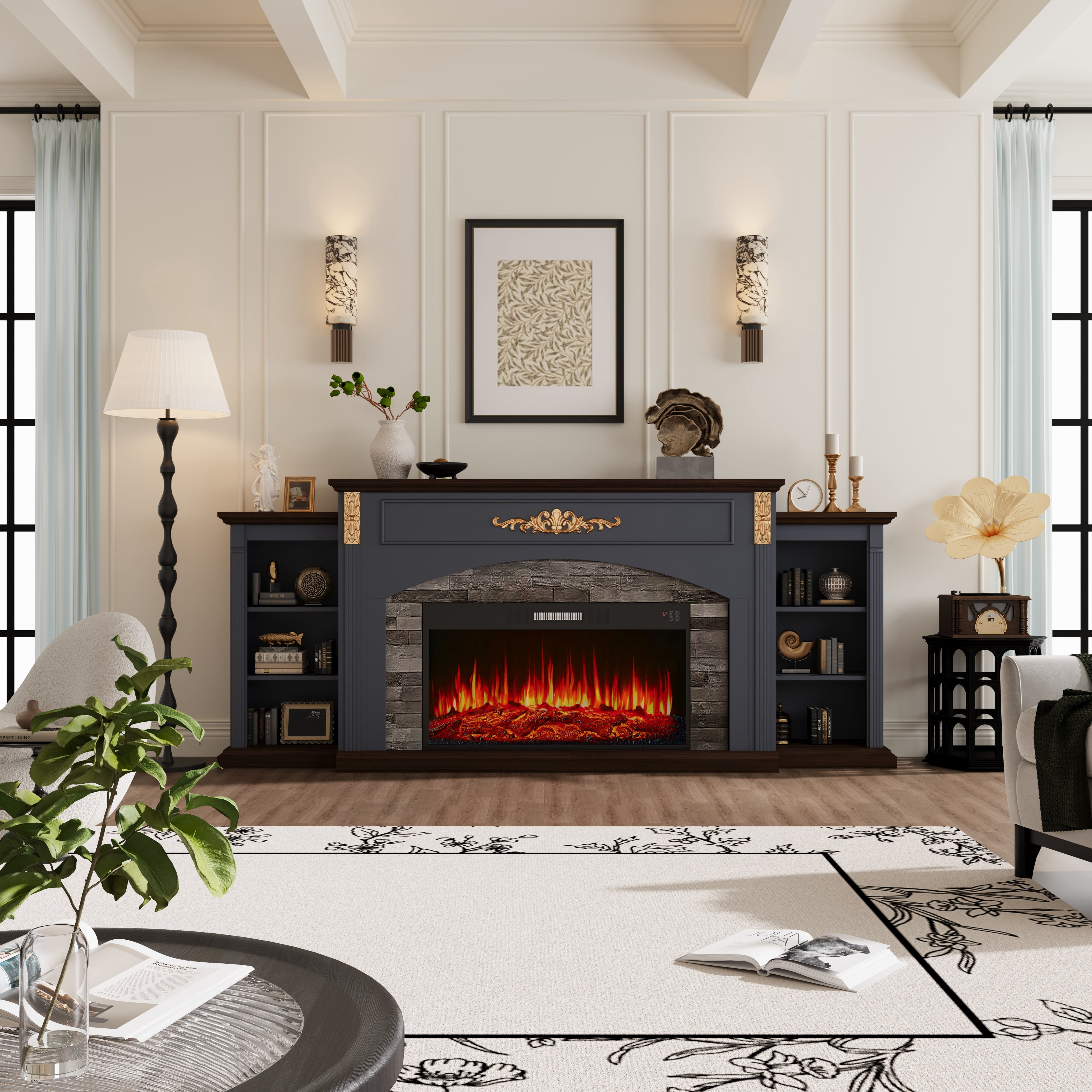 BOSHIRO 80" Blue Electric Fireplace with Mantel, TV Stand Fits 90" TVs, 30" Insert Heater