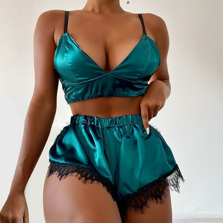 GZWYHT Silk Pajamas Clearance Womens Pajama Sets Women s Lace Sexy Gathered Thin Wireless Bra Set Lingerie Underwear Pajamas Set Pajama Sets for Women 2 Piece Sexy Pajama Set  Green XL
