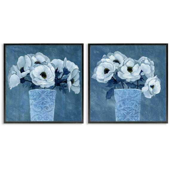 Stupell Industries Magnolia Bouquets on Blue Plants & Flowers Painting Black Framed Art Print Wall Art, 12 x 12, Set of 2