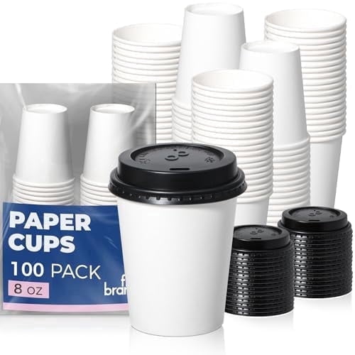 Fit Meal Prep 100 Pack 8 oz Disposable Coffee Cups with Lids, Premium To Go Paper Cups, Leak Proof Hot Coffee Cups with Lids for Travel, Office, Hot/Cold Beverages (Black Lids)