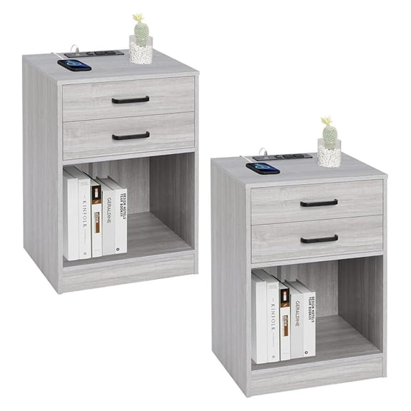 Nightstands Set of 2,Grey Nightstand with Charging Station & Drawers,Night Stands for Bedrooms Set of 2