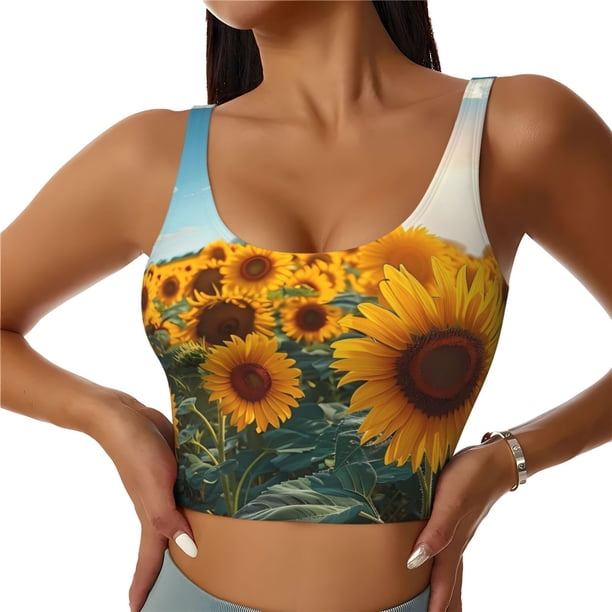 Fotbe Sunlit Sunflower Field Sujetador Deportivo Largo sin Aros para Mujer con Almohadillas y Soporte Medio, Transpirable y Absorbente, Camiseta Tipo Chaleco o Tank Top-Small