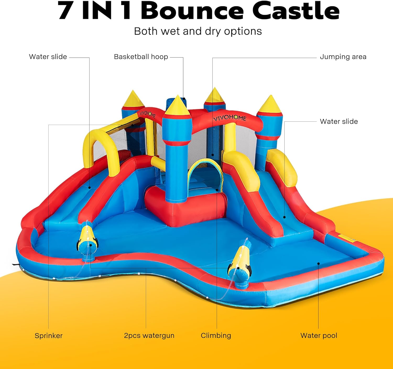 SPECSTAR Inflatable Bounce House Water Bouncer Jumping Castle with 450W Air Blower, Double Water Slide, Sprinkler, Splash Pool, Basketball Hoop, Water Gun, Climbing Wall for Kids Outdoor Backyard