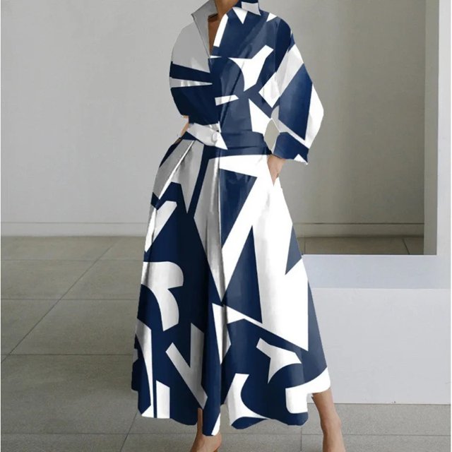 Women's Polo Collar Long Sleeve Maxi Dress - Ankle-Length, Elastic, Button Detail, Polyester