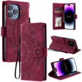 thumbnail image 1 of Étui à Rabat pour iPhone 16 Pro Max, Portefeuille en Cuir PU Premium avec Fleurs en Relief Totem, Porte-Cartes et Support Compatible avec iPhone 16 Pro Max - Rouge, 1 of 13