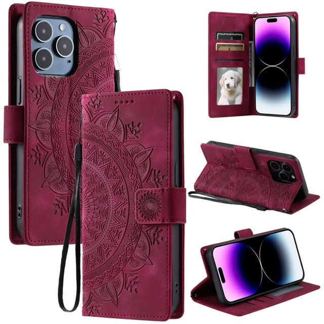 Étui à Rabat pour iPhone 16 Pro, Portefeuille en Cuir PU Premium avec Fleurs en Relief Totem, Couverture Folio avec Porte-Cartes et Support Compatible avec iPhone 16 Pro - Rouge