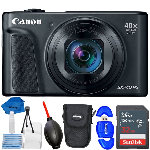 Canon PowerShot SX740 HS Digital Camera (Black) – 7PC Bundle with 32GB SanDisk Ultra, Camera Case & Accessories (International Model)