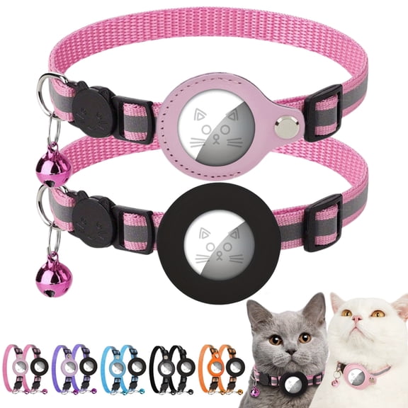 WAAYEEPAL 2 Pack Cat Collars - Adjustable Reflective Collar with Airtag Holder & Bell, Pink