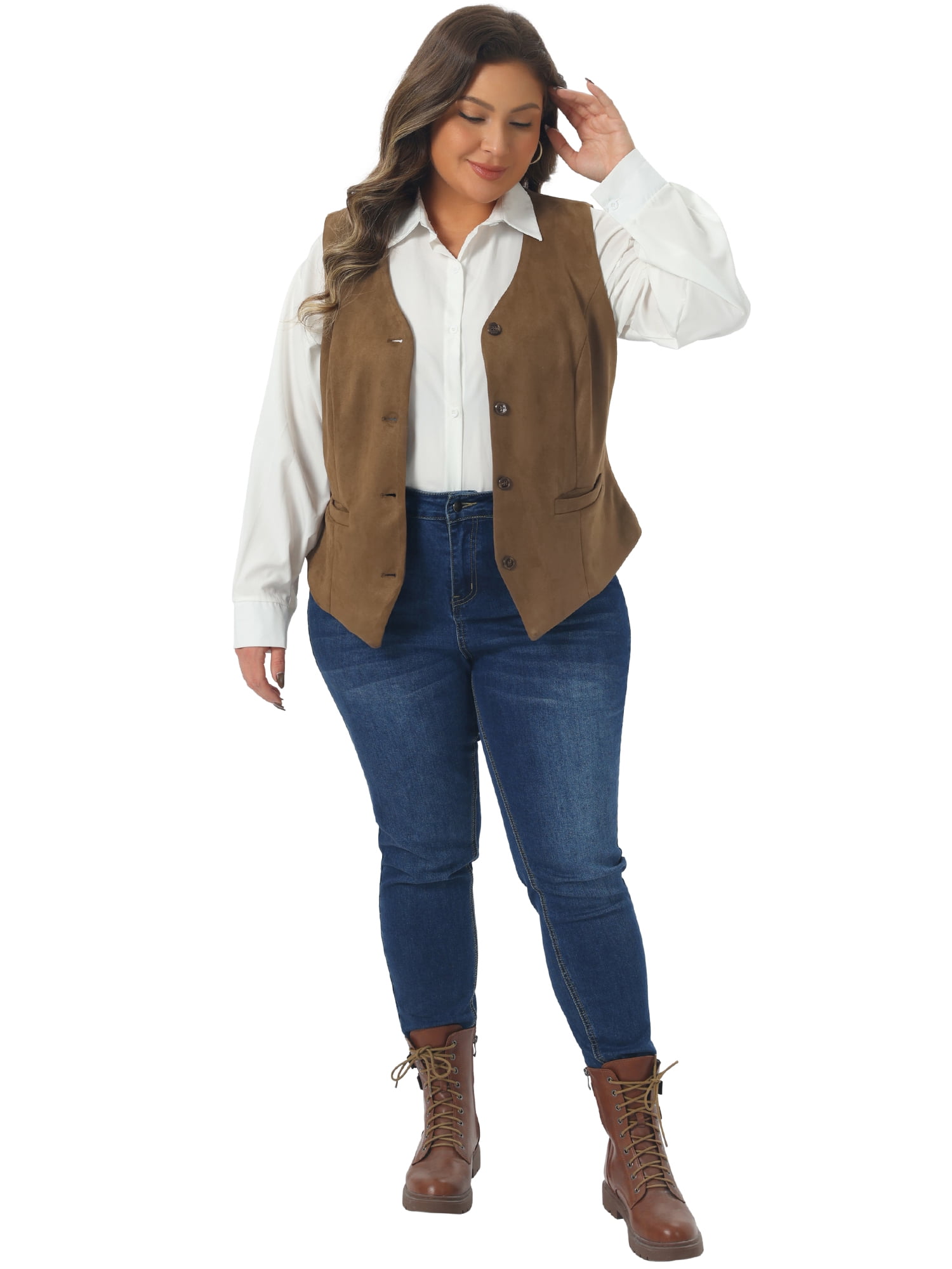 DARING DIVA Women's Plus Fully Lined 4 Button V-Neck Dressy Suit Vest 2X Coffee Brown