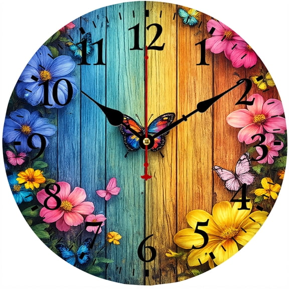 Floral Butterfly Wall Clock 9.84 Inch, Colorful Rustic Round Analog Clock, Battery Operated Non-Ticking Decor for Living Room Bedroom Kitchen