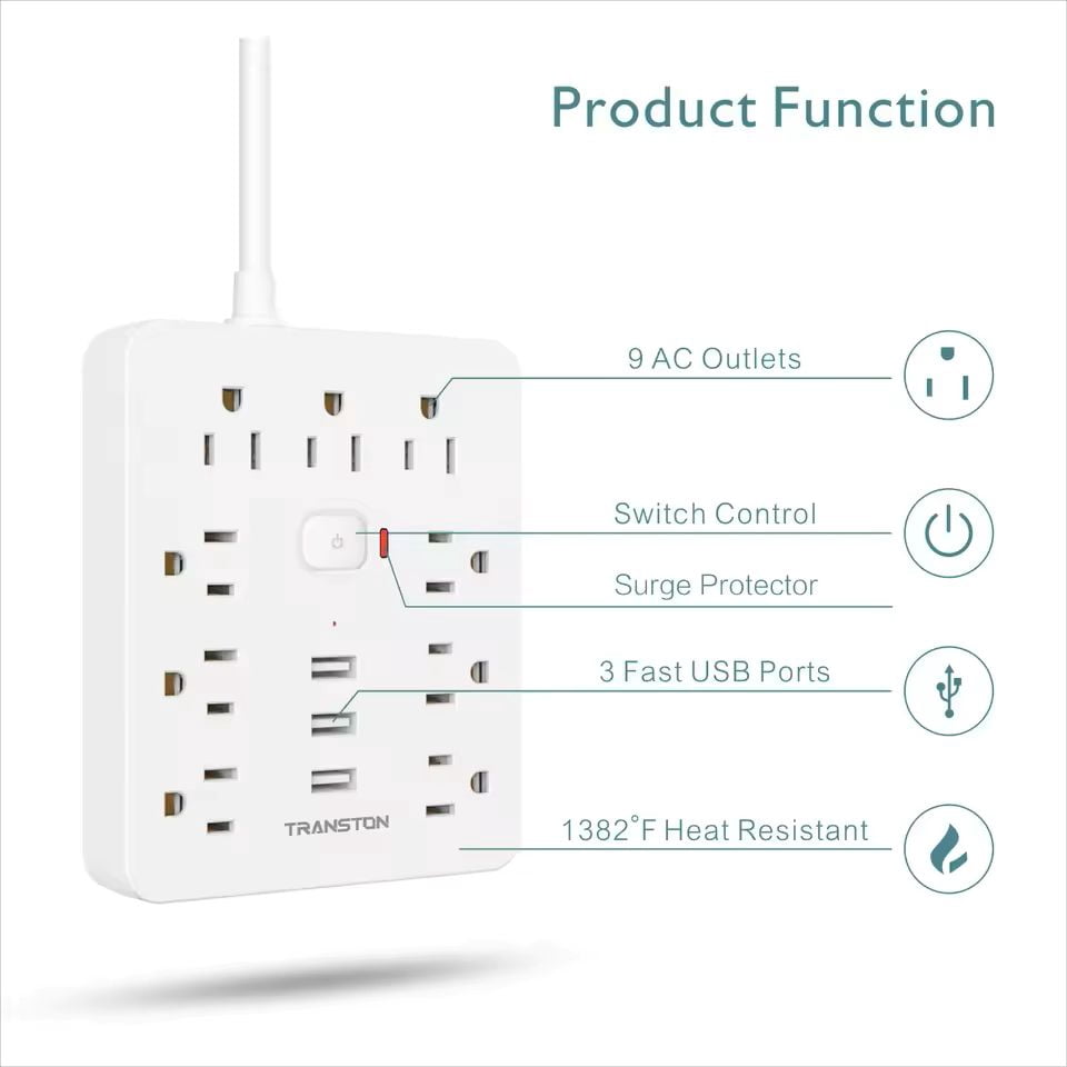 Power Outlet with Surge Protector, 9 sockets 3 USB Ports,5ft Extension Cord, Quick Charge, For Home and Office,White
