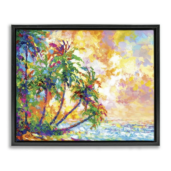 Stupell Industries Full Beach Palms Landscape Painting Black Floater Framed Canvas Art Print Wall Art, 21 x 17