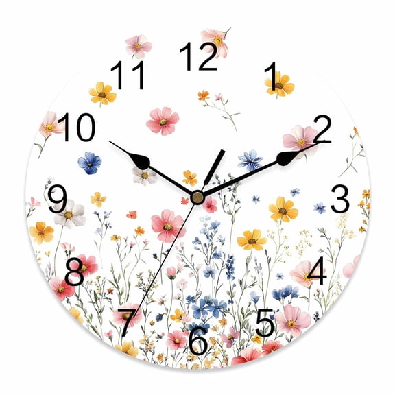 Wall Clock Wildflowers Clocks PVC Silent Non-Ticking Battery Operated Decorative Farmhouse Floral Branch Round Clock for Home Living Room Kitchen Bedroom Office School Wall Decor 14 Inch