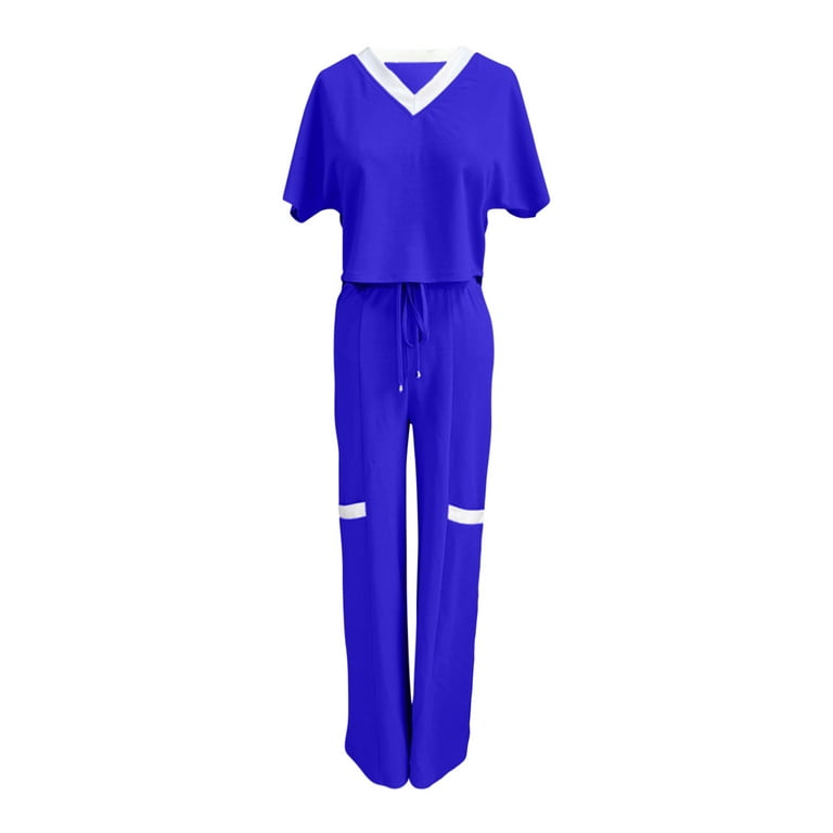 XIAOFFENN Gym Set 2 Piece Outfits For Women Women'S Casual Fashion Solid  Color Short Sleeve Top High Waist Straight Leg Pants Commuting Two-Piece  Set Lightweight Blue Workout Shorts Womens Clearance 