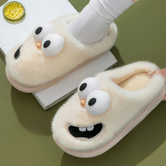 AURIGATE Women Funny Warm Monster Plush Slippers, Cute Big Eyes Cotton Slippers Antiskid Rubber Sole Warm Comfortable Shoes