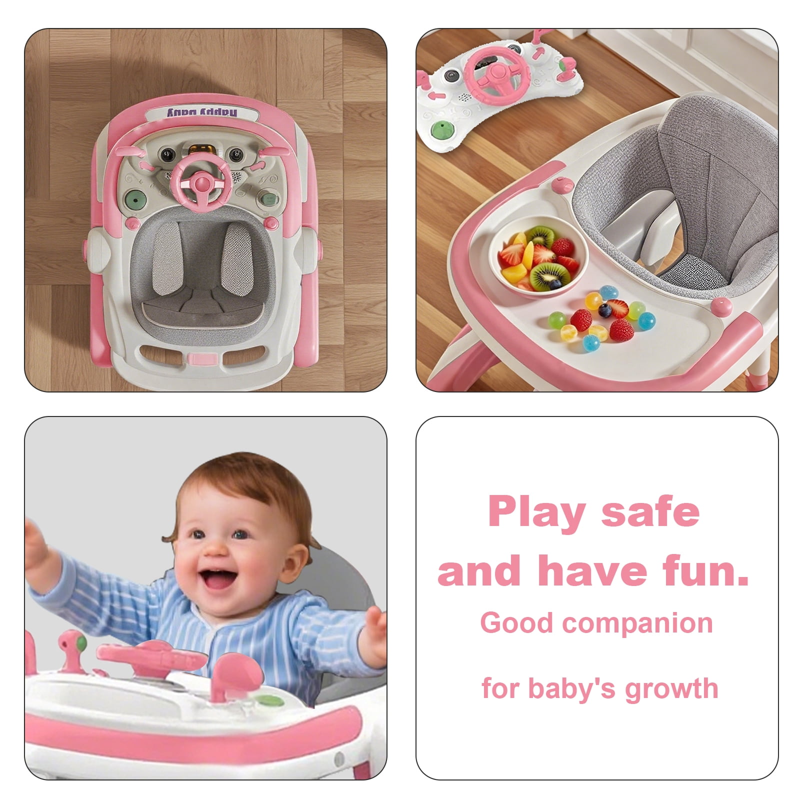 YUCHANG 4 in 1 Baby Walker with Wheels,Push Walker With Music Activity,Foldable and Height Adjustable,Pink