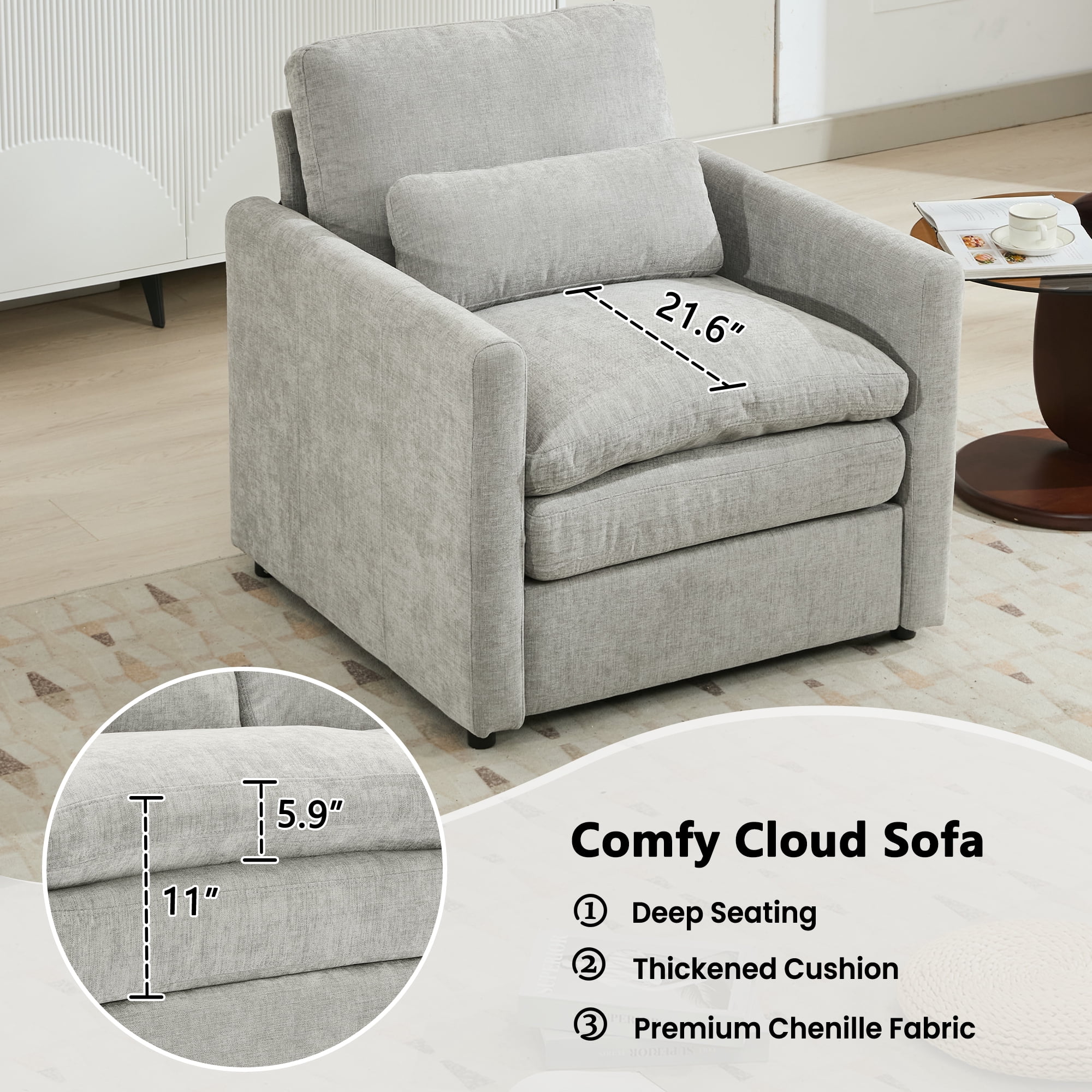 Leumius 31.9" Cozy Upholstered Armchair Oversized Comfy Cloud Sofa Double Cushion Single Sofa Plush Cushion Armchair for Living Room, Bedroom Light Grey