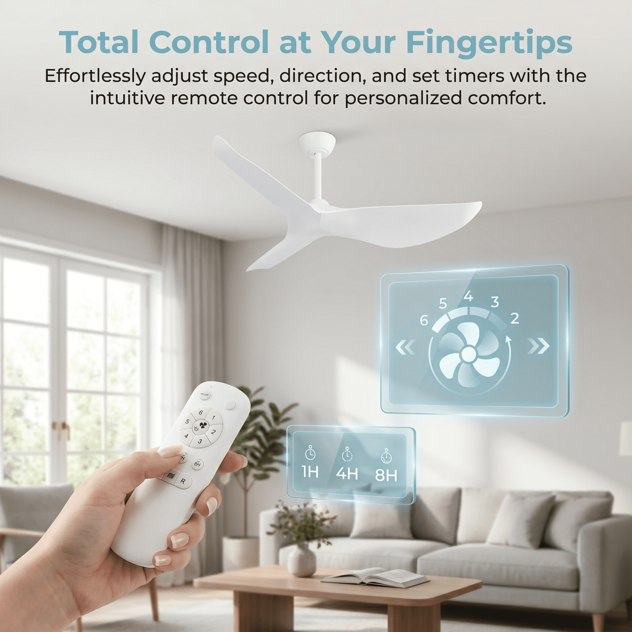 Noaman 38 Inch Ceiling Fan Without Light, DC Motor Remote Control Indoor Outdoor Ceiling Fan, 6 Speeds Timer, Matte White