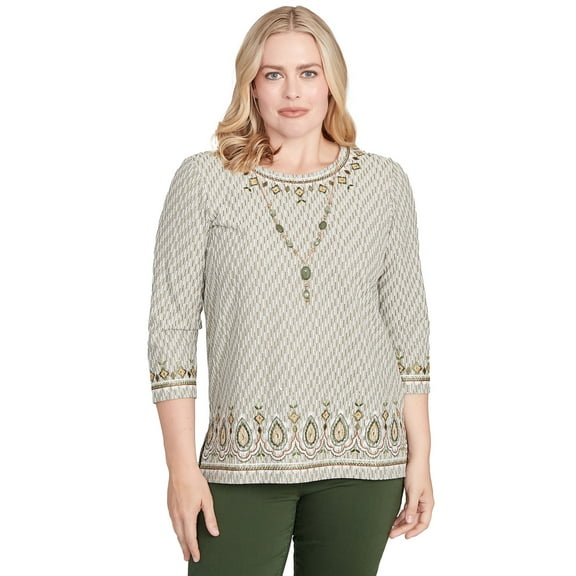 Alfred Dunner Womens Textured Medallion Bordered Top With Necklace
