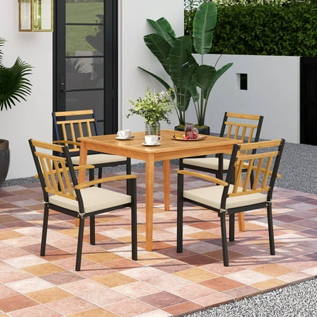 Costway 5 PCS Patio Acacia Wood Dining Set with Soft Seat Cushions Umbrella Hole for Yard